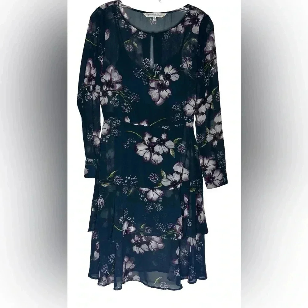 Cupcakes and cashmere Floral Chiffon Midi Flare Dress Long Sleeve Women Size XS
